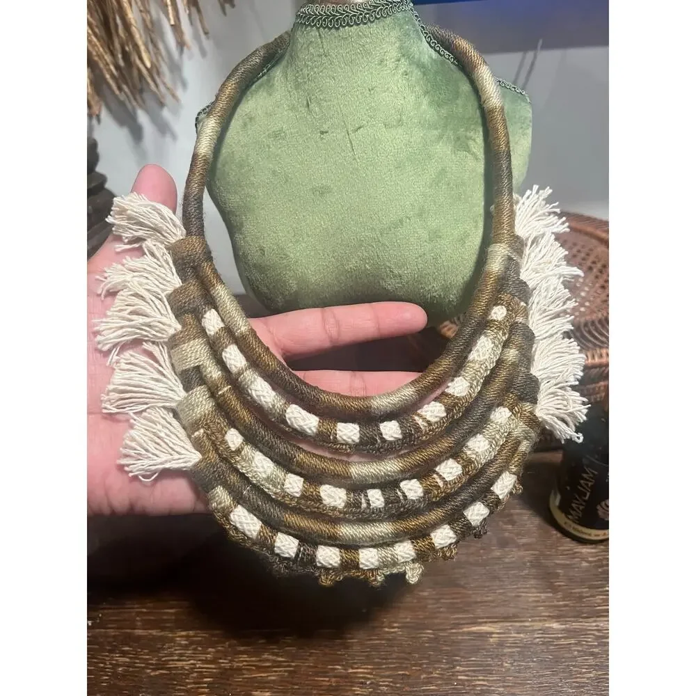 Statement Necklace Layered Woven Rope Fringe Fiber Art Boho Bib Handmade